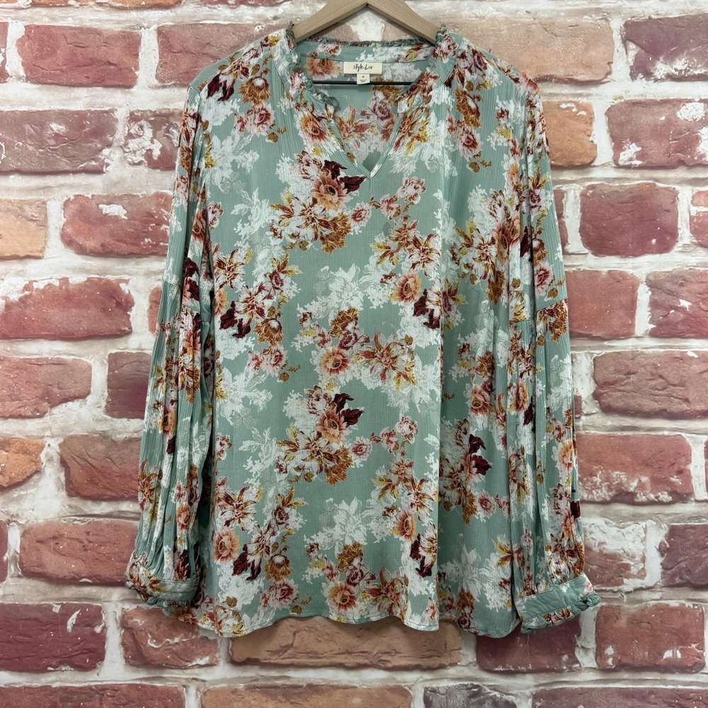 Style & Co Top Women's Medium Blue Green Multicolor Garden Floral Peasant Shirt